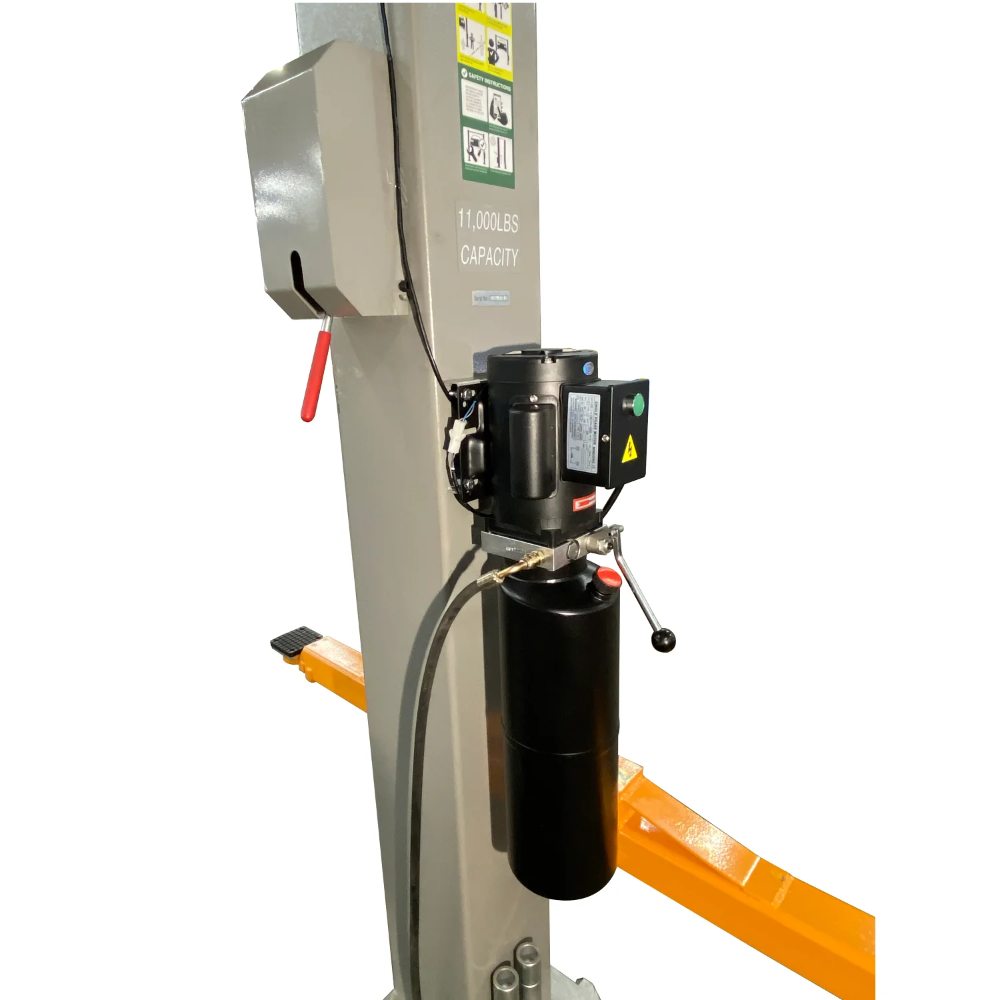 Triumph NTO-11A Overhead Two-Post Lift close-up of hydraulic power unit mounted to the column