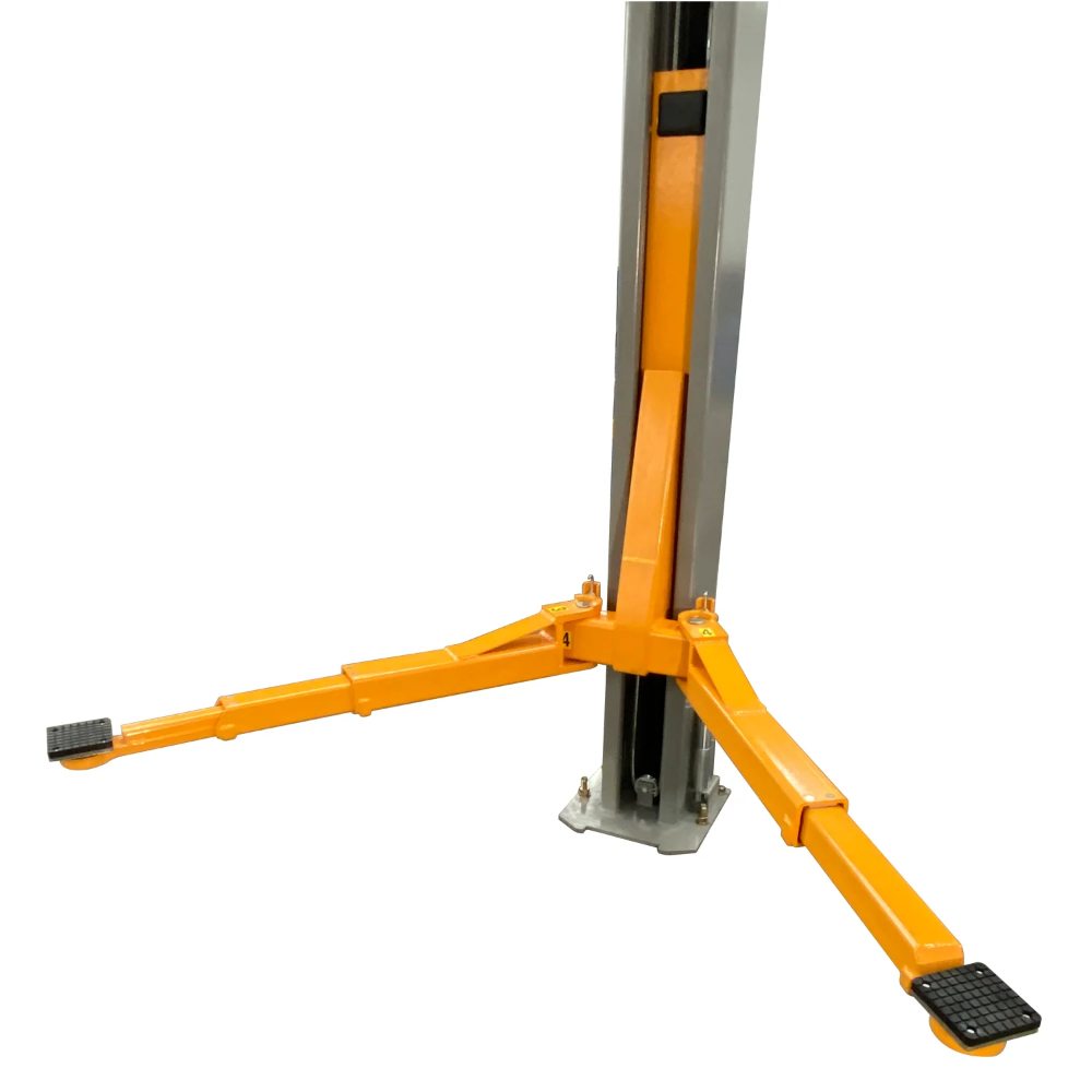 Triumph NTO-11A Overhead Two-Post Lift close-up of orange lifting arms and rubber lift pads