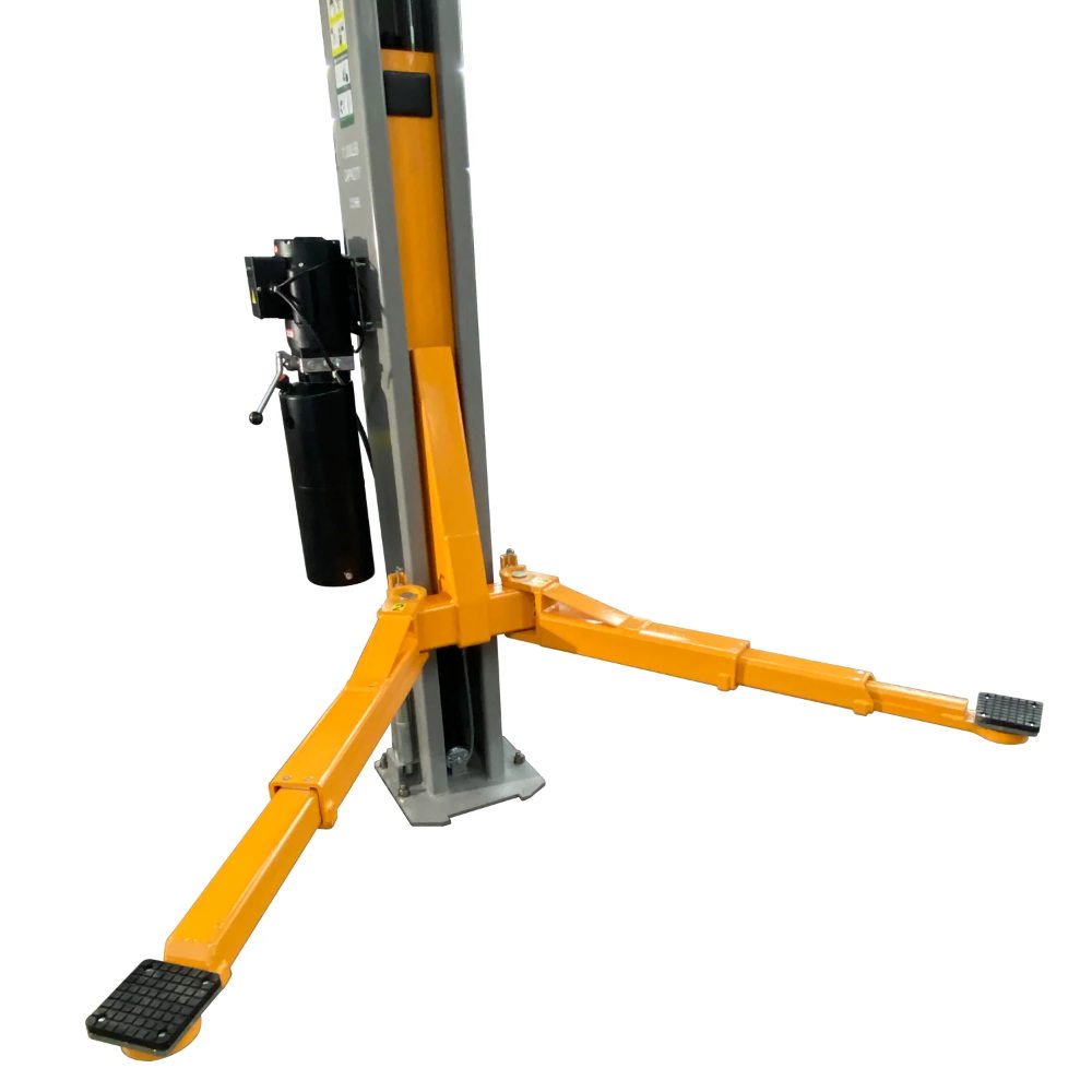 Triumph NTO-11A Overhead Two-Post Lift close-up of orange telescoping lifting arms and hydraulic power unit