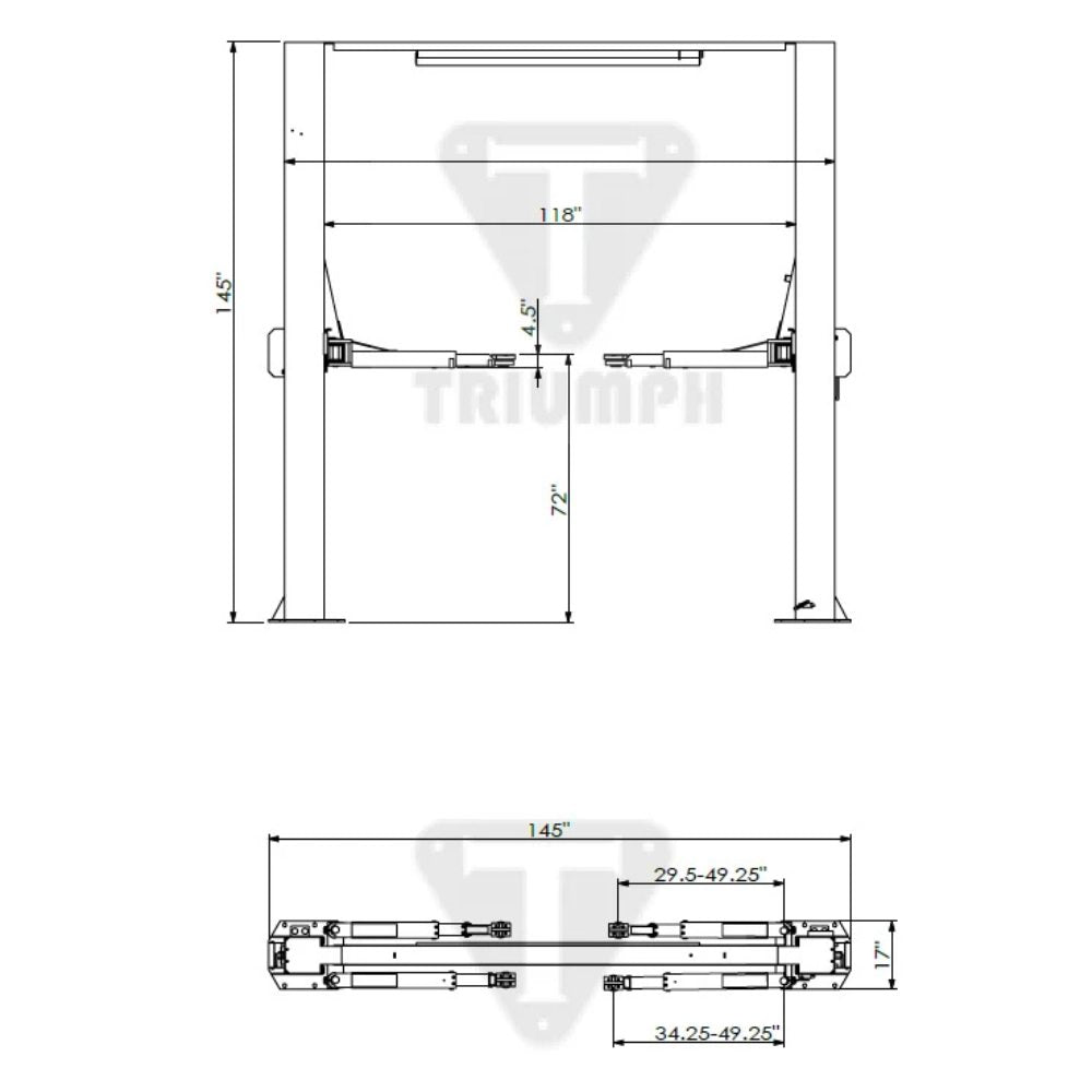 Triumph NTO-11A Overhead Two-Post Lift dimension diagram showing overall height, inside width and arm adjustment range