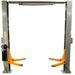 Triumph NTO-11A Overhead Two-Post Lift front product view with overhead beam and orange lifting arms