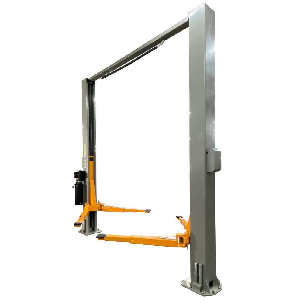 Triumph NTO-11A Overhead Two-Post Lift three-quarter view showing columns, overhead beam and lifting arms