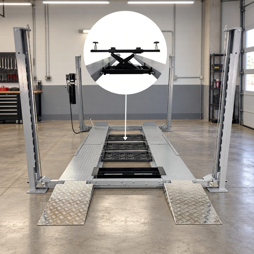 Triumph RJ-5000 5,000 lb Rolling Bridge Jack installed between the runways of a four-post car lift