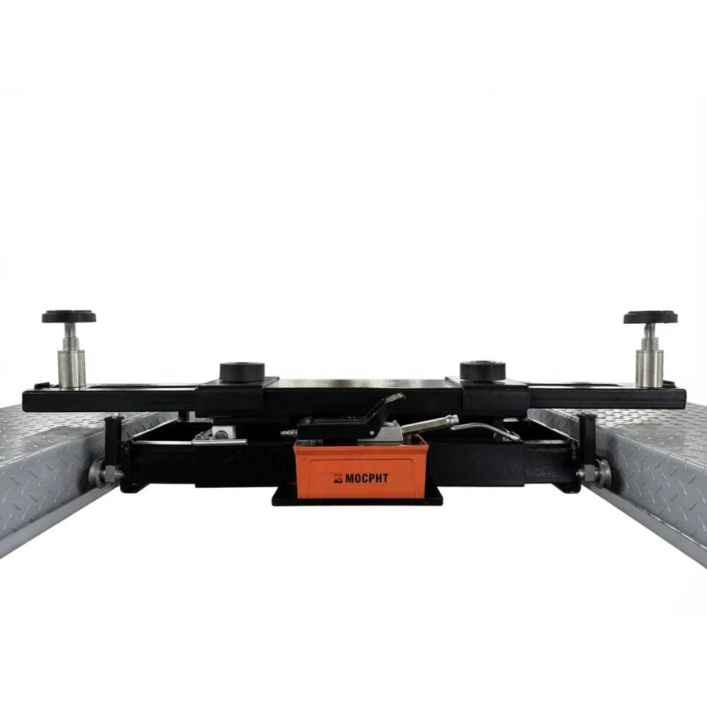 Triumph RJ-5000 5,000 lb Rolling Bridge Jack showing hydraulic unit and lifting assembly between the runways